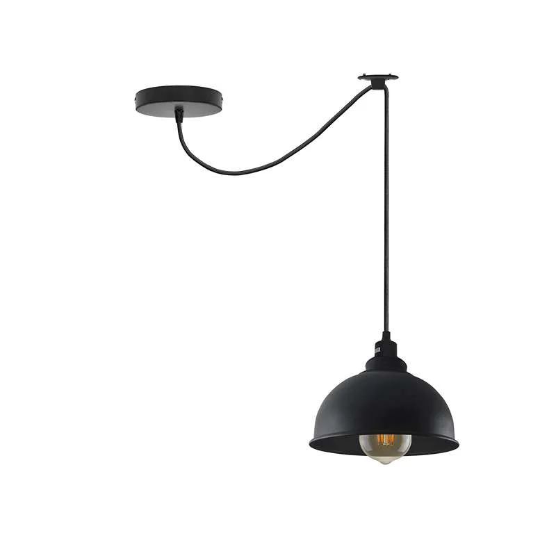 Modern black pendant light with adjustable 2M cable, metal shade 21cm wide, dimmable E27 bulb holder, industrial style