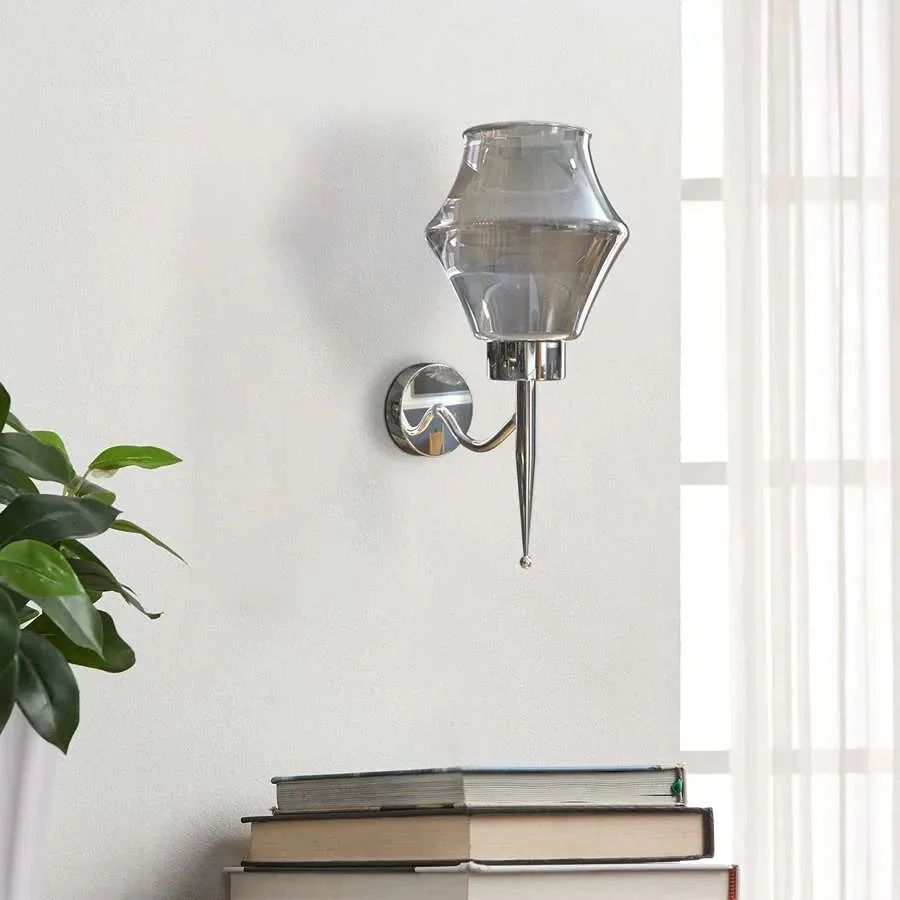Modern smoky glass wall lamp with chrome plated base, wall mounted, dimmable, suitable for indoor use, E27 bulb compatible