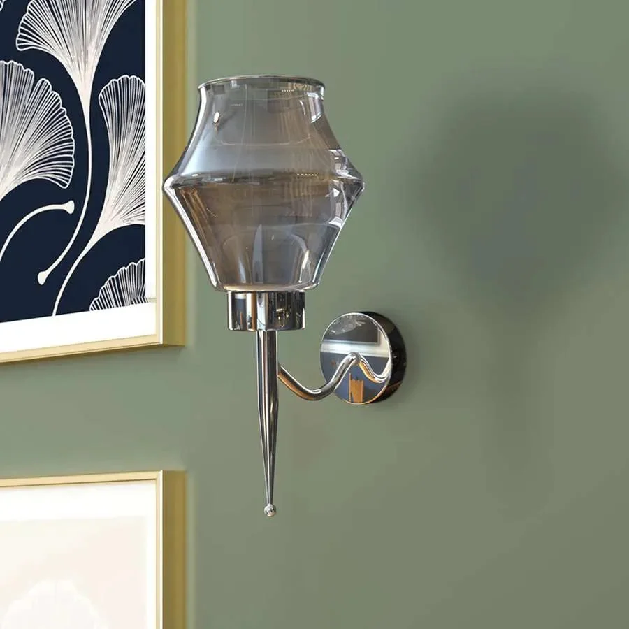 Smoky gray glass shade with chrome plated wall light base, modern design, dimmable, suitable for indoor use