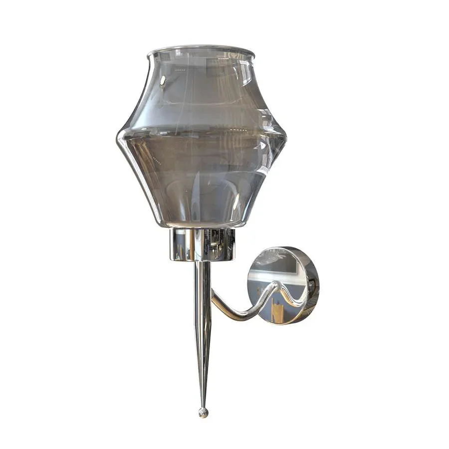 Smoky gray glass shade with chrome plated base dimmable indoor wall lamp mounted on white wall background