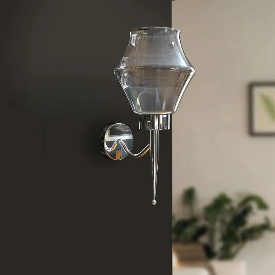 Smoky glass wall lamp with chrome plated base mounted on white wall, modern design, dimmable E27 bulb compatible