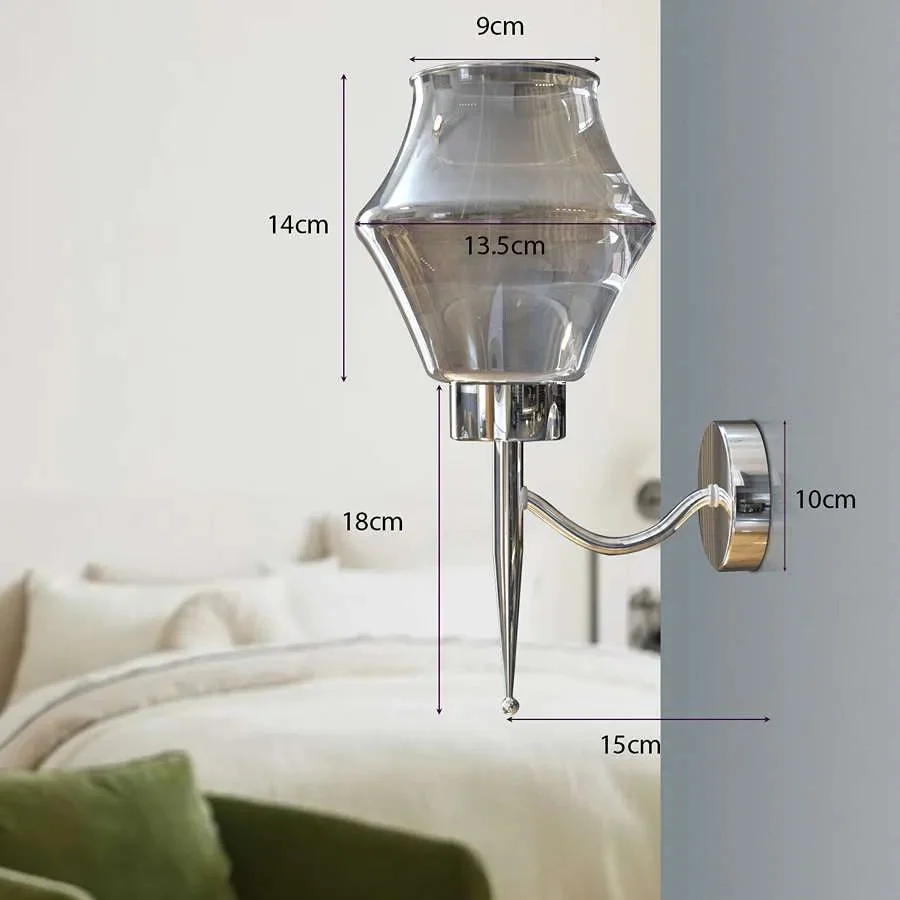 Smoky glass wall lamp with chrome plated base mounted on wall, modern style, dimmable, indoor use, 13.5cm wide shade