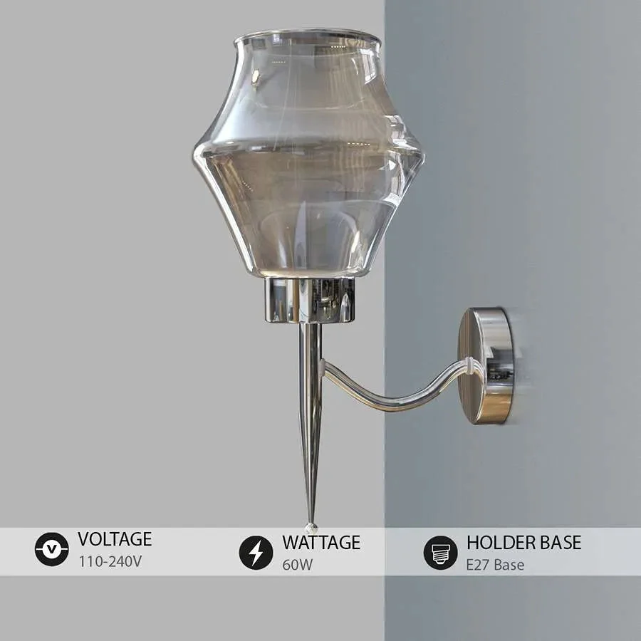 Smoky glass wall lamp with chrome plated base mounted on white wall, modern style lighting fixture, dimmable design