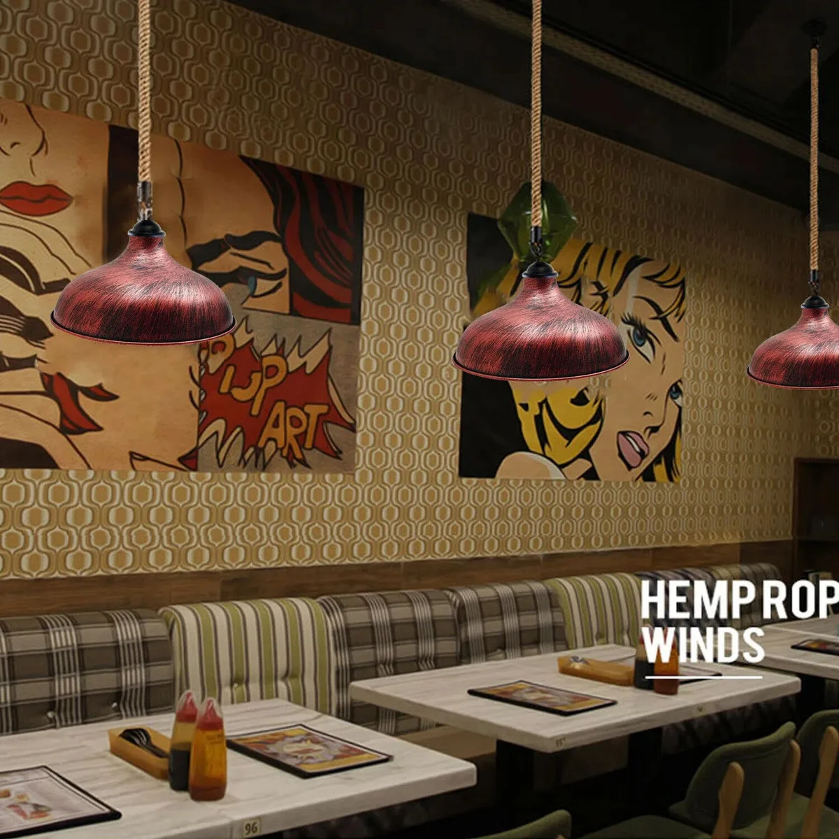 Modern hemp pendant light with industrial iron shade and 1m hemp cord hanging from ceiling canopy