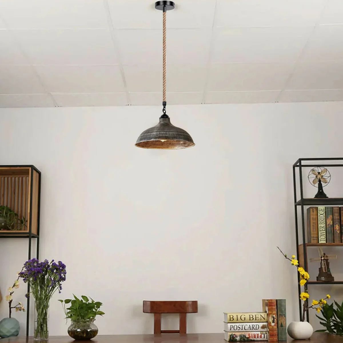 Modern retro industrial hemp ceiling light with iron metal shade and 1m hemp cord, suitable for various room décors