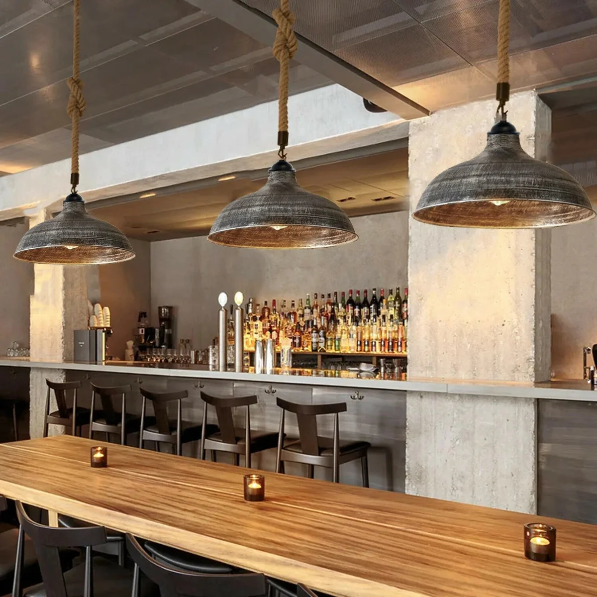 Modern retro industrial cord pendant lamp with hemp cable, metal shade, and ceiling canopy for home décor lighting