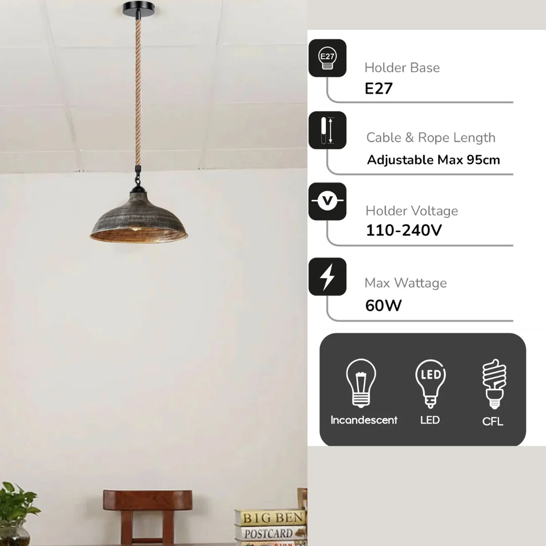 Modern retro industrial pendant light with E27 hemp rope light, iron shade, and 1m hemp cable hanging from ceiling