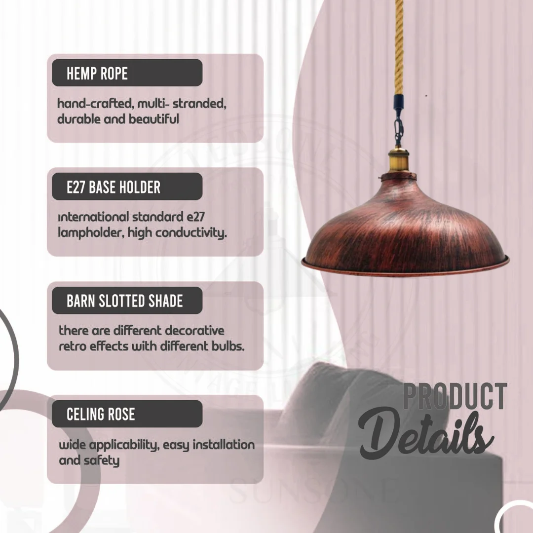 Modern industrial pendant light with hemp cord, iron metal shade, and ceiling canopy, perfect for home décor lighting