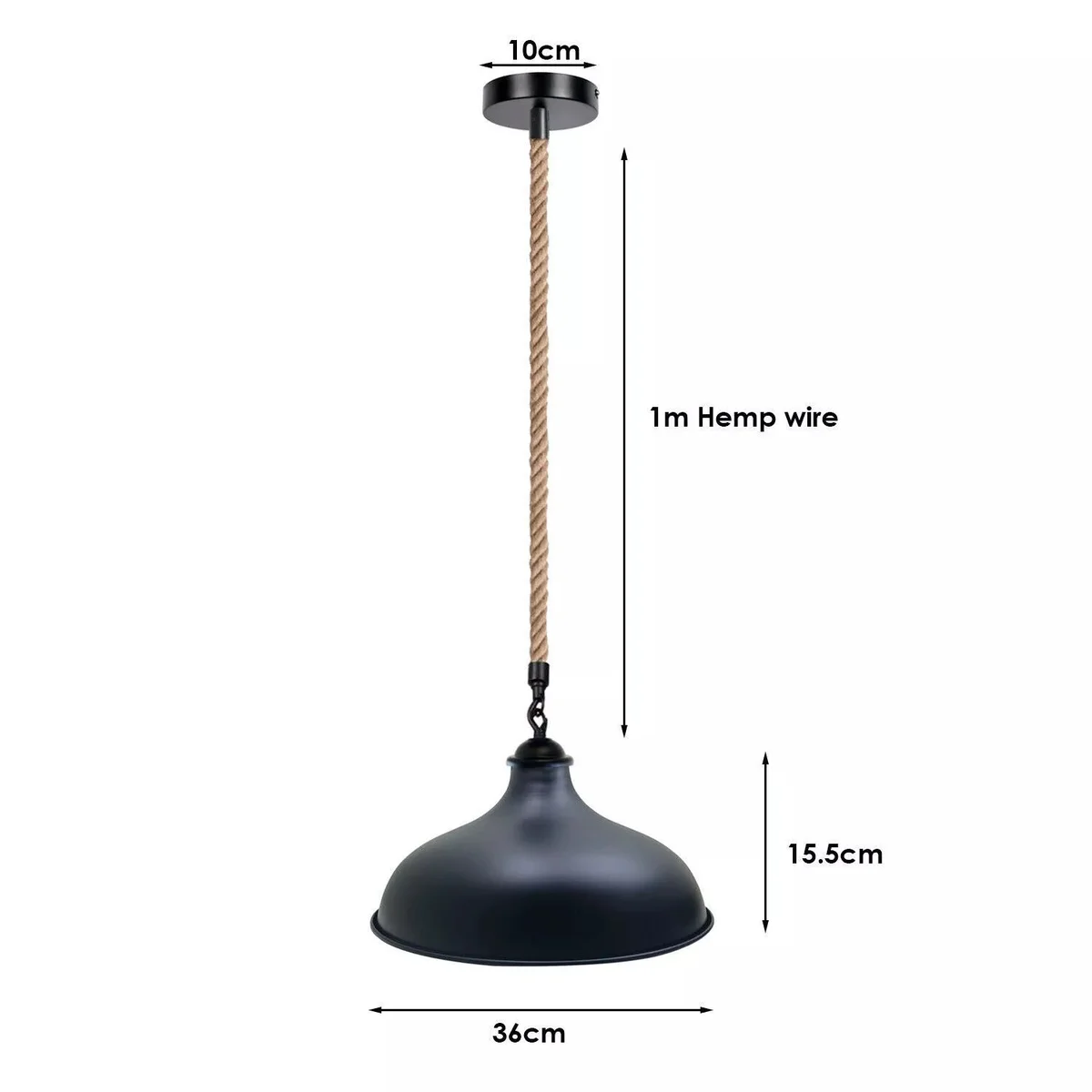 Modern retro industrial pendant light with hemp cable ceiling light, iron shade, and 1m hemp wire hanging from ceiling canopy