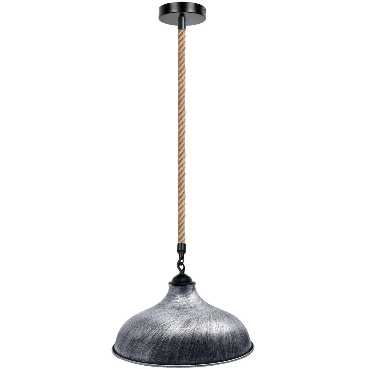 Modern hemp pendant light with iron metal shade and 1m hemp cable hanging from ceiling, suitable for various room decors