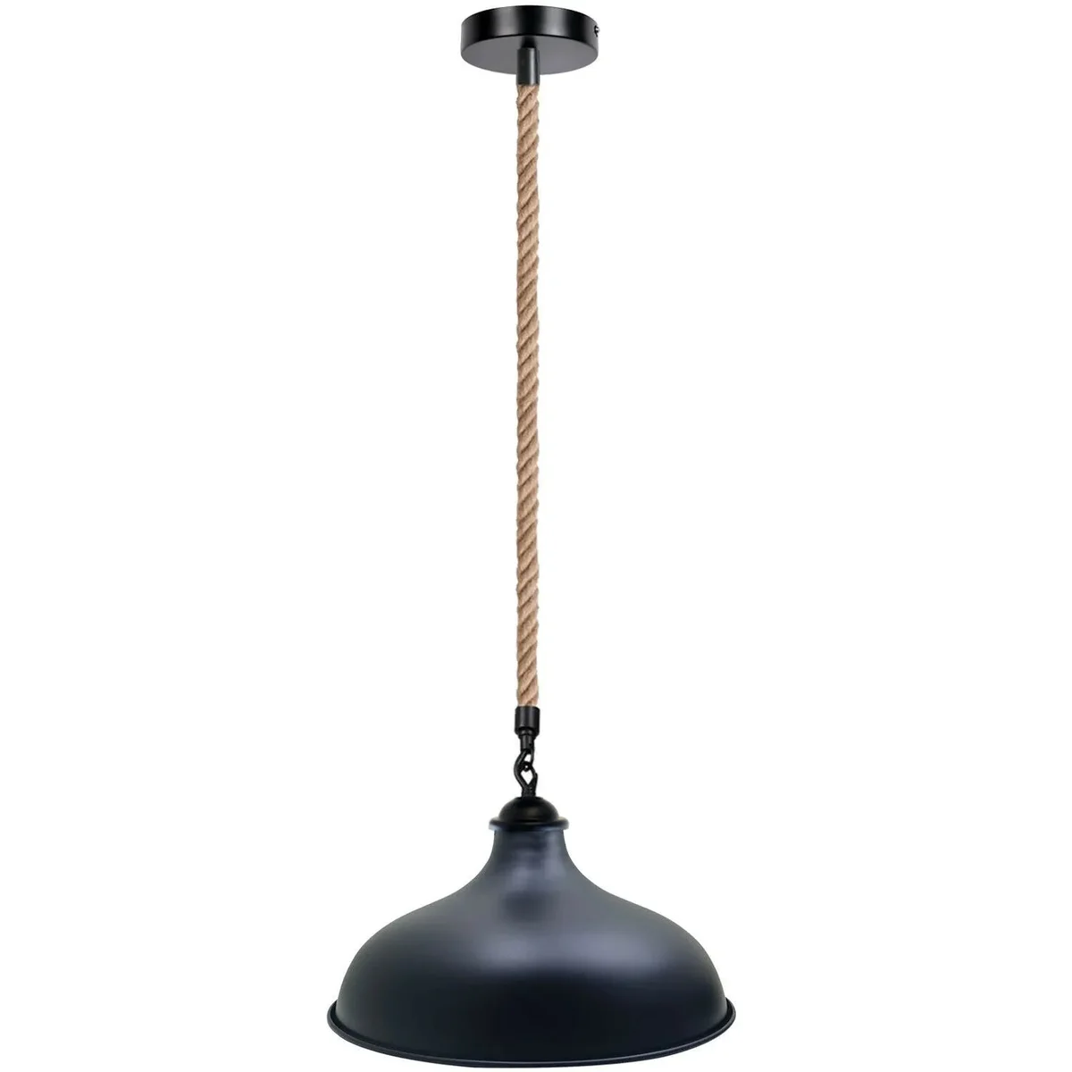 Modern hemp pendant light with iron metal shade and 1m hemp cord, suitable for E27 bulbs in various room settings