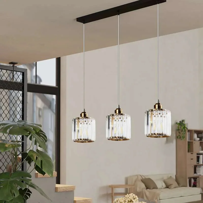 Modern pendant lighting with rectangular clear K9 crystal shade and chrome metal ceiling rose hanging from adjustable cable