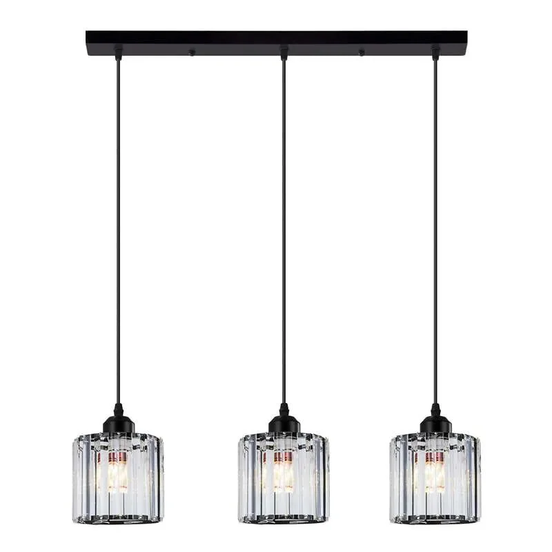 Modern linear rectangle crystal chandelier with clear K9 crystal shade and chrome metal ceiling rose hanging from adjustable cable