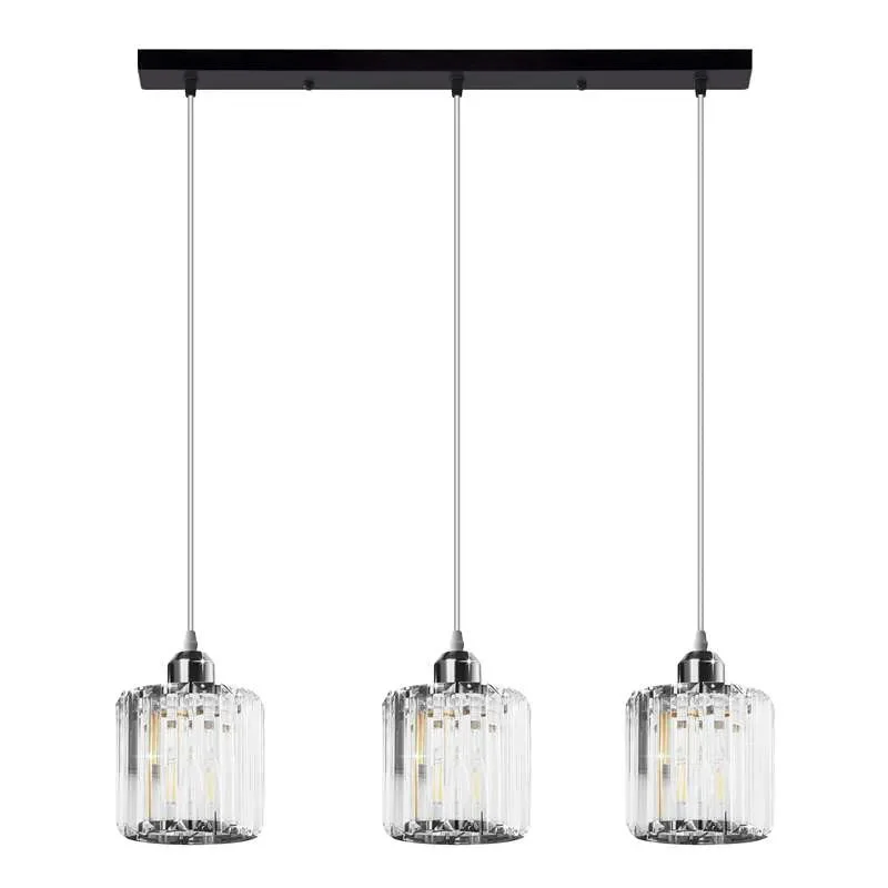 Modern linear E27 pendant lamp with rectangular clear K9 crystal shade and chrome metal ceiling rose hanging in room