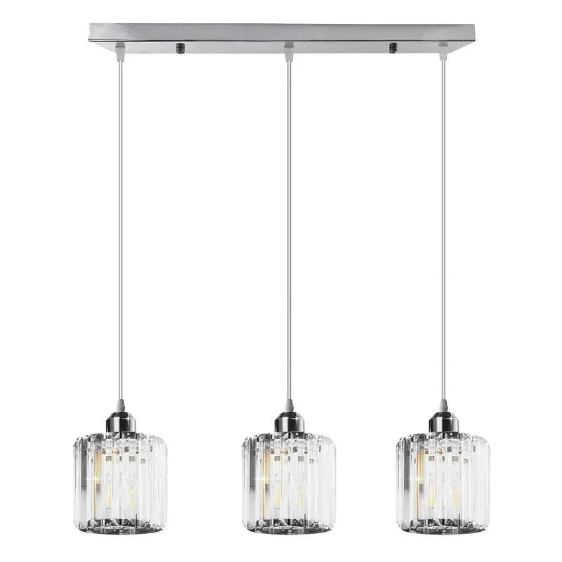Modern linear pendant featuring rectangular clear K9 crystal shade and chrome metal and crystal light fixture hanging from ceiling