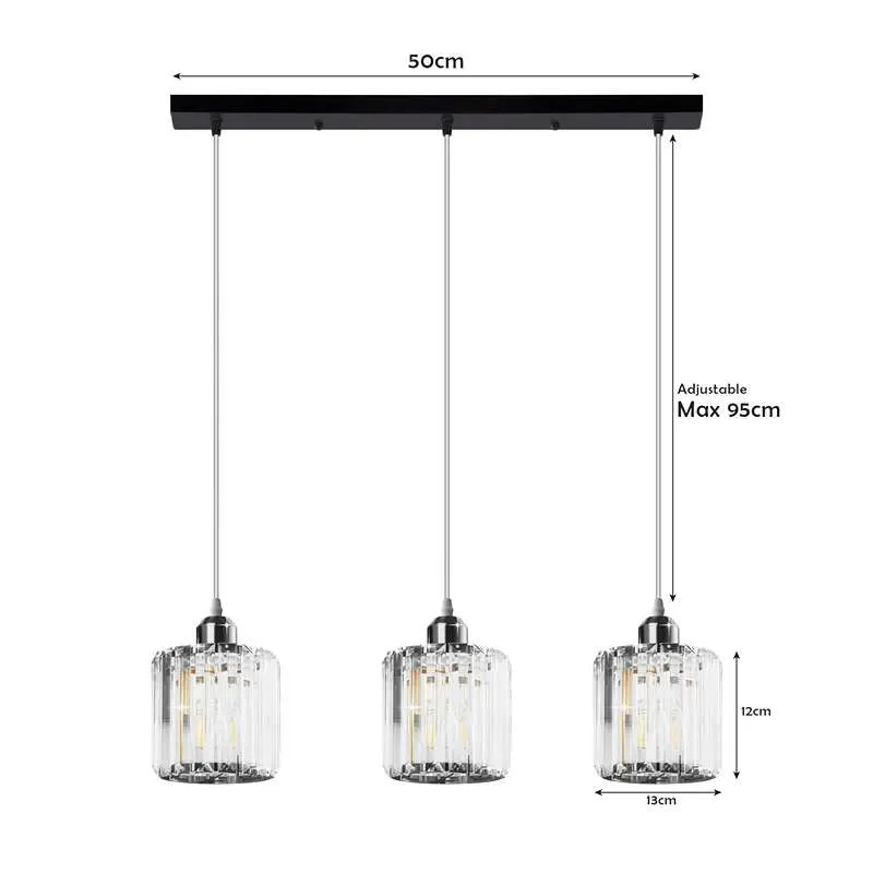 Modern pendant lighting with rectangular clear K9 crystal shade and chrome metal ceiling rose, ceiling mounted design