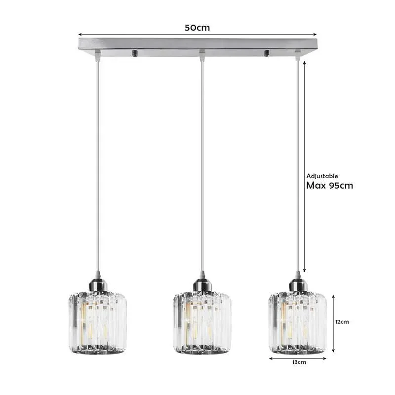 Modern pendant lighting with rectangular clear K9 crystal shade and chrome metal ceiling rose suspended by adjustable cable