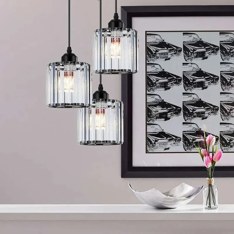 Modern 3-light crystal chandelier with clear glass shades and black metal ceiling rose, ceiling mounted pendant light