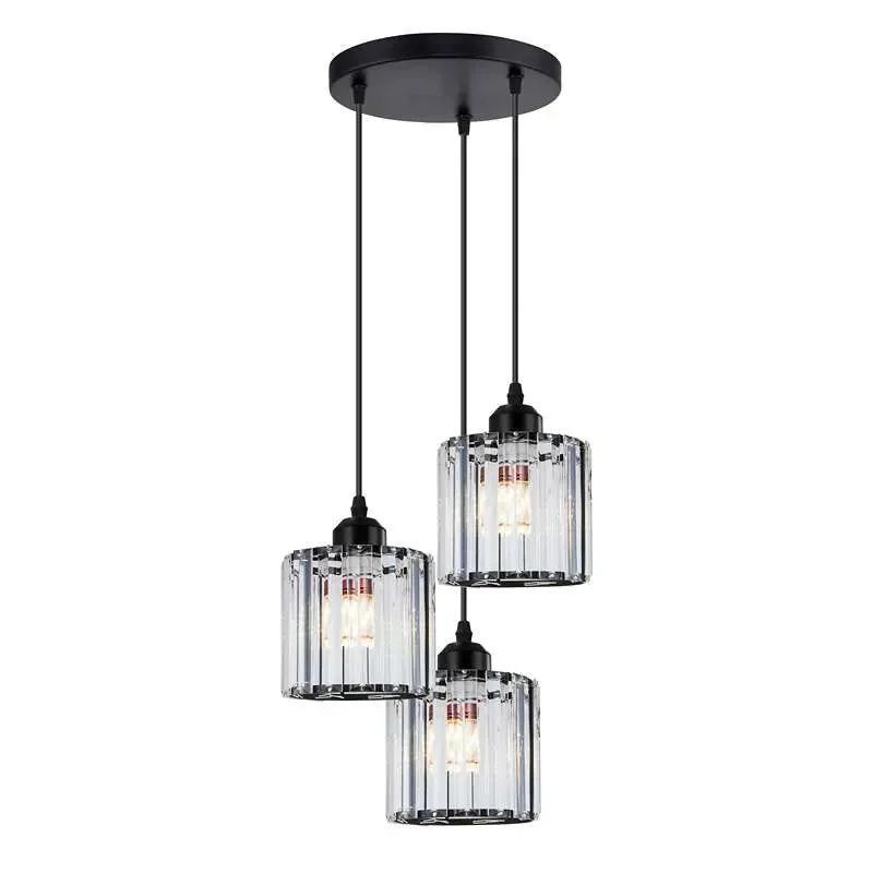 Modern 3-light clear glass pendant light with crystal shades and black metal ceiling rose, dimmable with E27 bulbs