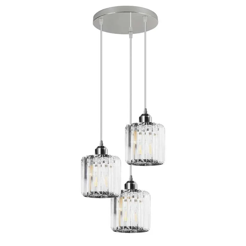Modern 3-light crystal pendant light with clear glass shades and E27 bulb pendant light, black and chrome finish ceiling rose