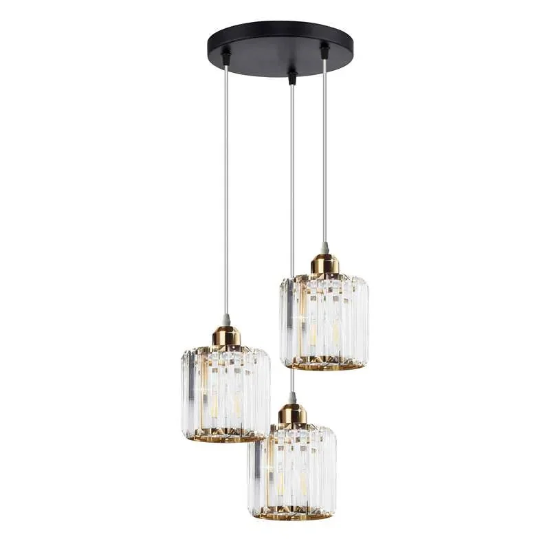 Modern 3-light pendant with clear crystal shades and black metal and crystal lighting, ceiling mounted with adjustable cable