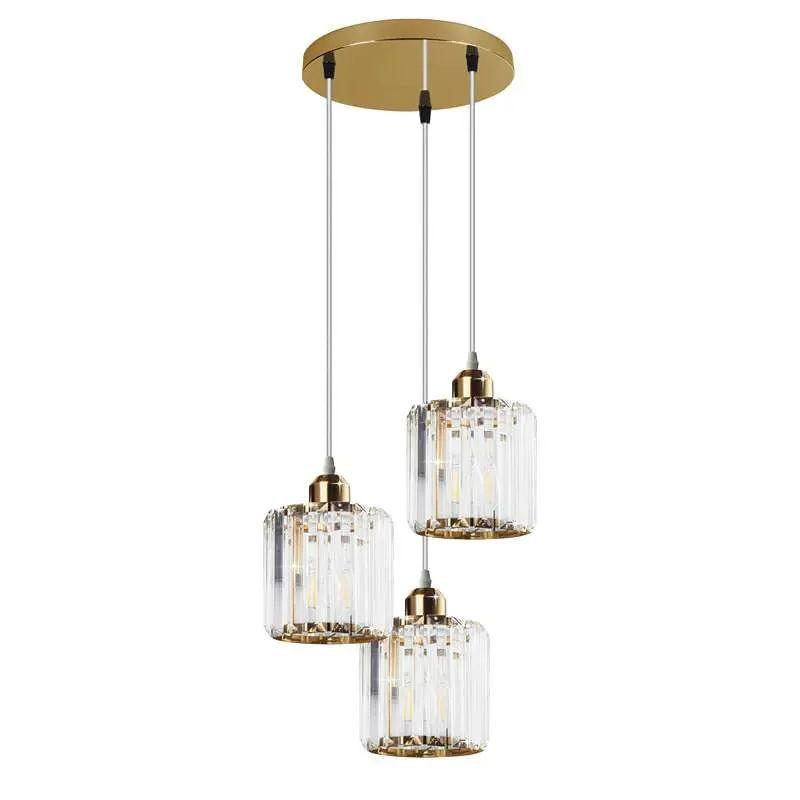 Modern crystal pendant light with three clear K9 crystal glass shades and black metal ceiling rose against white background