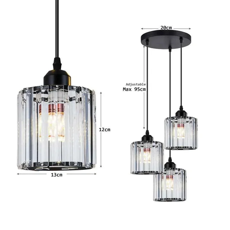 Modern crystal pendant light with three clear K9 crystal glass shades and black metal ceiling rose, ceiling mounted design