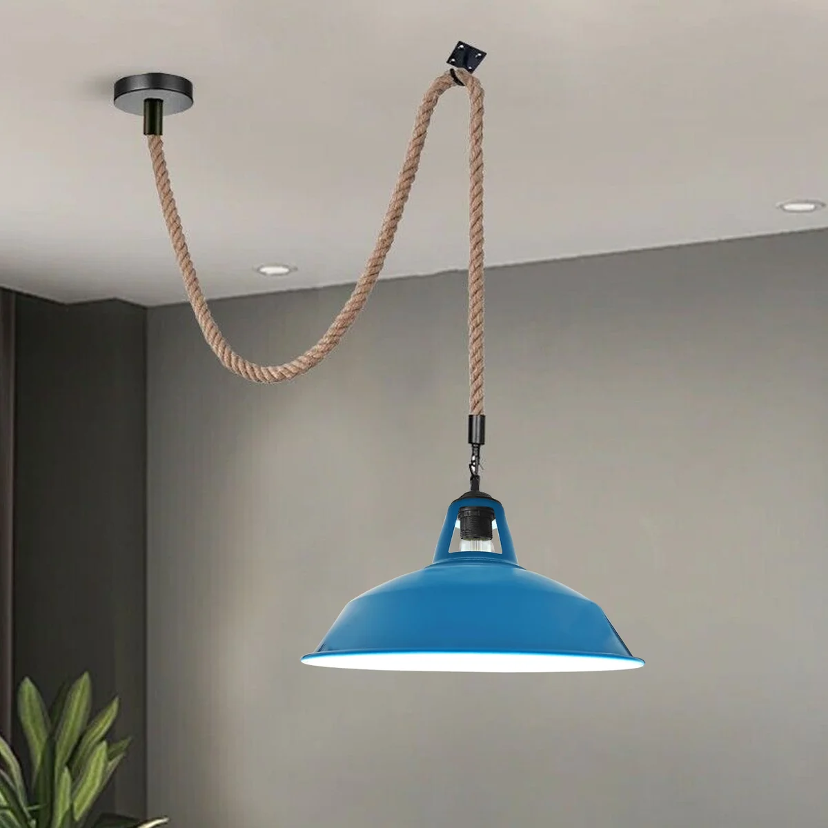 Hemp rope pendant light with metal hook, vintage style, hanging ceiling lamp with 30cm wide shade, indoor use only