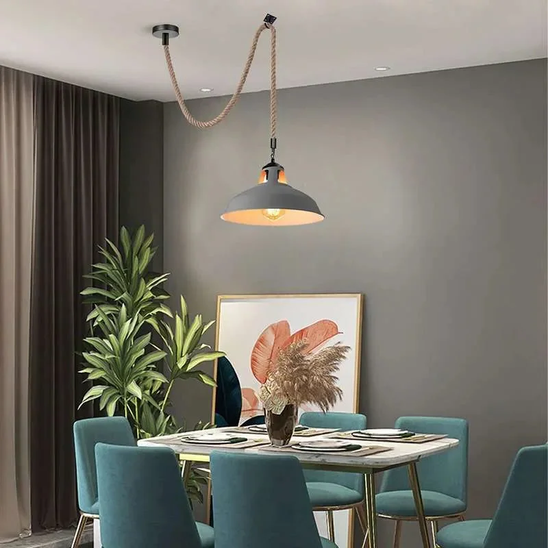 Vintage pendant lamp with hemp rope and metal hook, hanging indoor ceiling light with 30cm wide shade