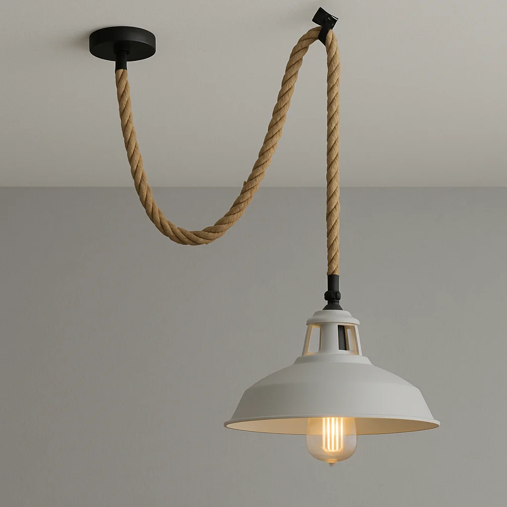 Vintage hemp rope indoor hanging light with metal hook and 30cm wide shade, ideal for sloped ceilings and dimmable use