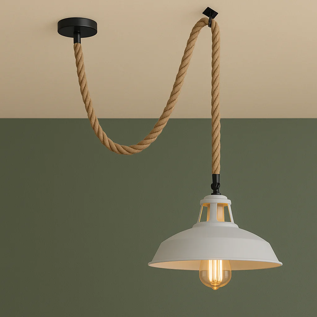 Retro hemp rope pendant light with metal hook, dimmable ceiling light for indoor use, vintage style, 30cm shade width
