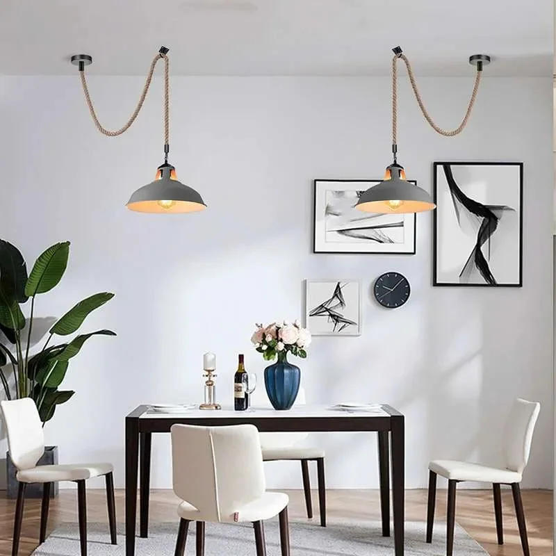 Retro pendant lighting with hemp rope and metal hook, vintage style hanging ceiling lamp for indoor use