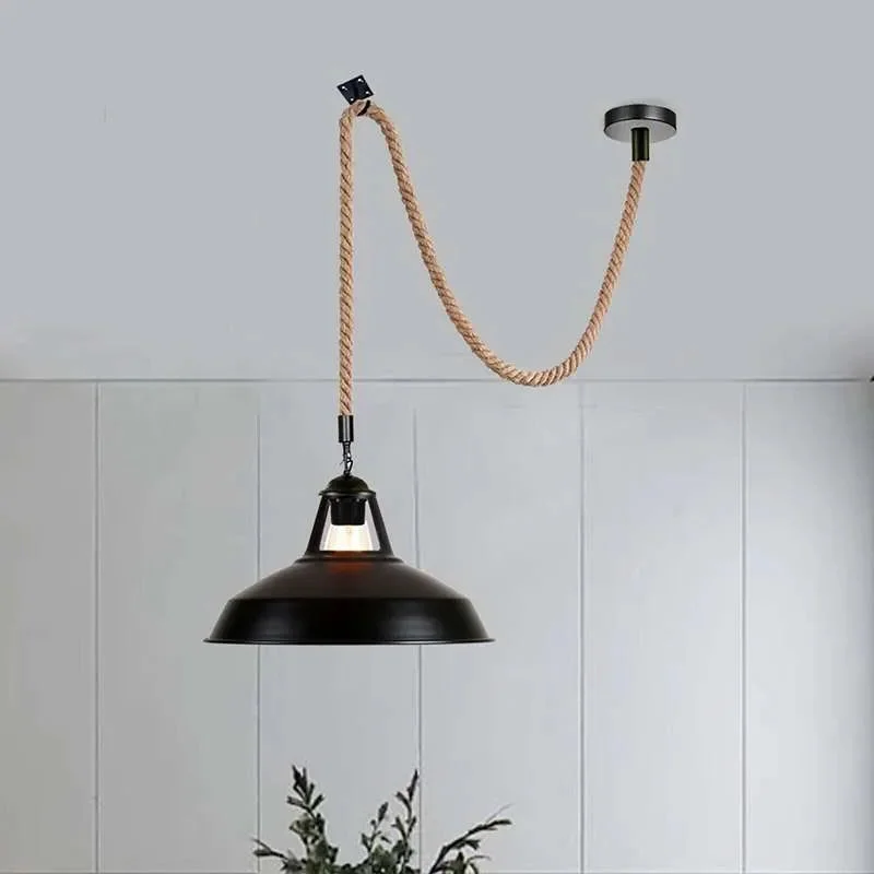 Hemp rope pendant light with metal hook, vintage style hanging lamp with 30cm wide hemp shade, indoor use only