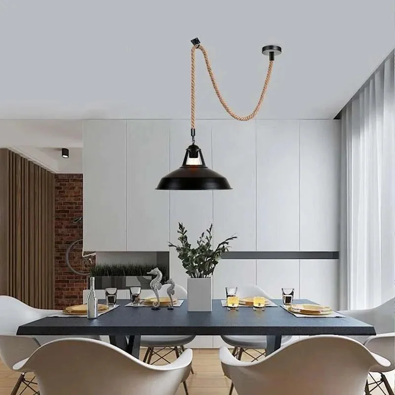 Vintage style hemp rope pendant light with metal hook, hanging indoor lamp with 30cm wide shade