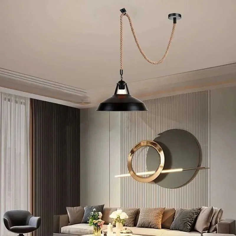 Vintage hemp rope pendant light with metal hook, hanging indoors, suitable for sloped ceilings, dimmable with E27 bulb