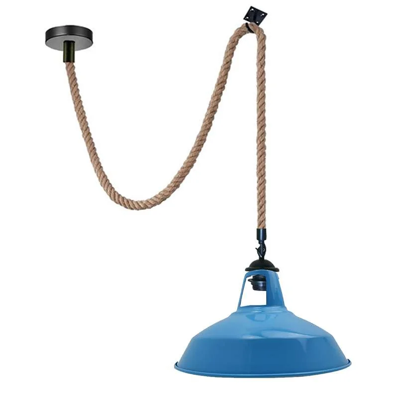 Vintage style hemp rope pendant light with metal hooked fixture and natural hemp shade hanging indoors