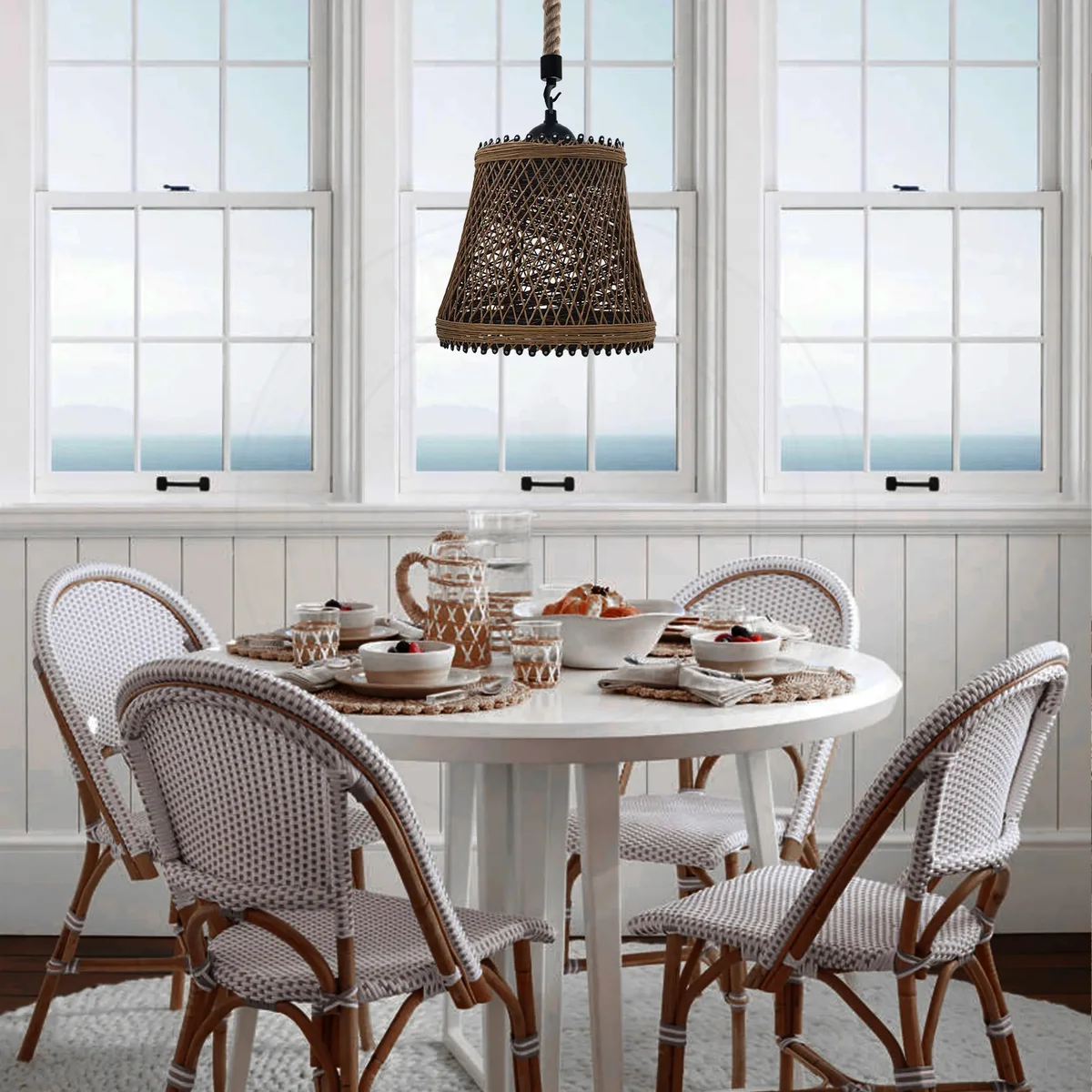 Vintage style metal ceiling pendant lamp with hanging light cage and hemp rope for indoor use