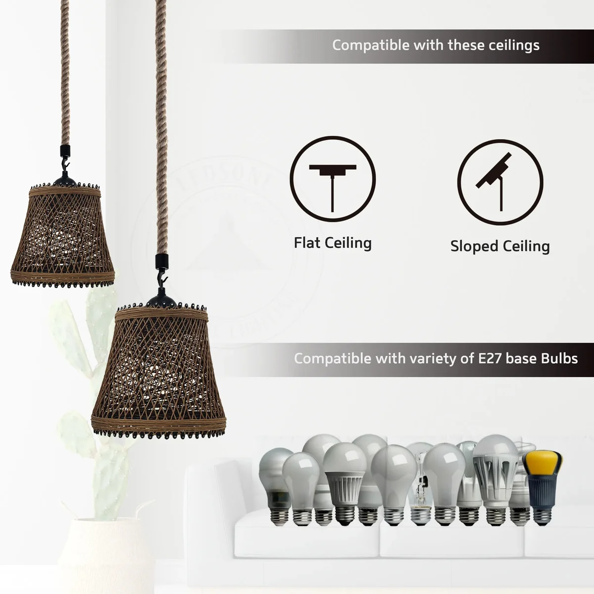 Vintage style hemp rope pendant light with metal cage shade hanging from ceiling against white background