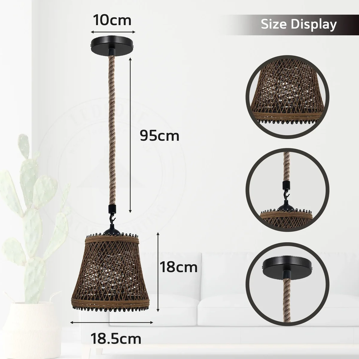 Retro ceiling hanging light with metal cage shade and hemp rope suspension in vintage loft style design