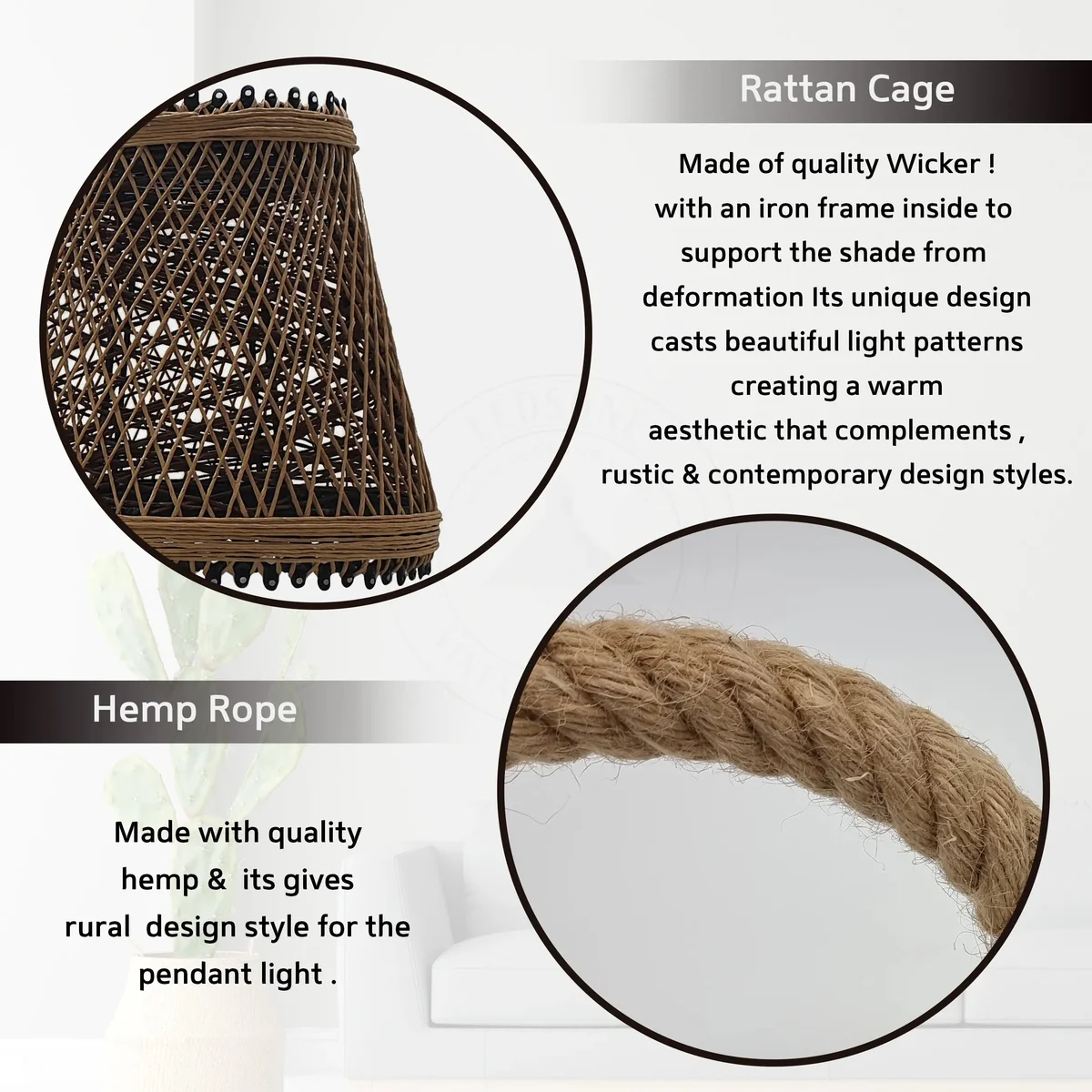 Vintage style dimmable E27 pendant light with metal cage shade and hemp rope hanging from ceiling in indoor setting