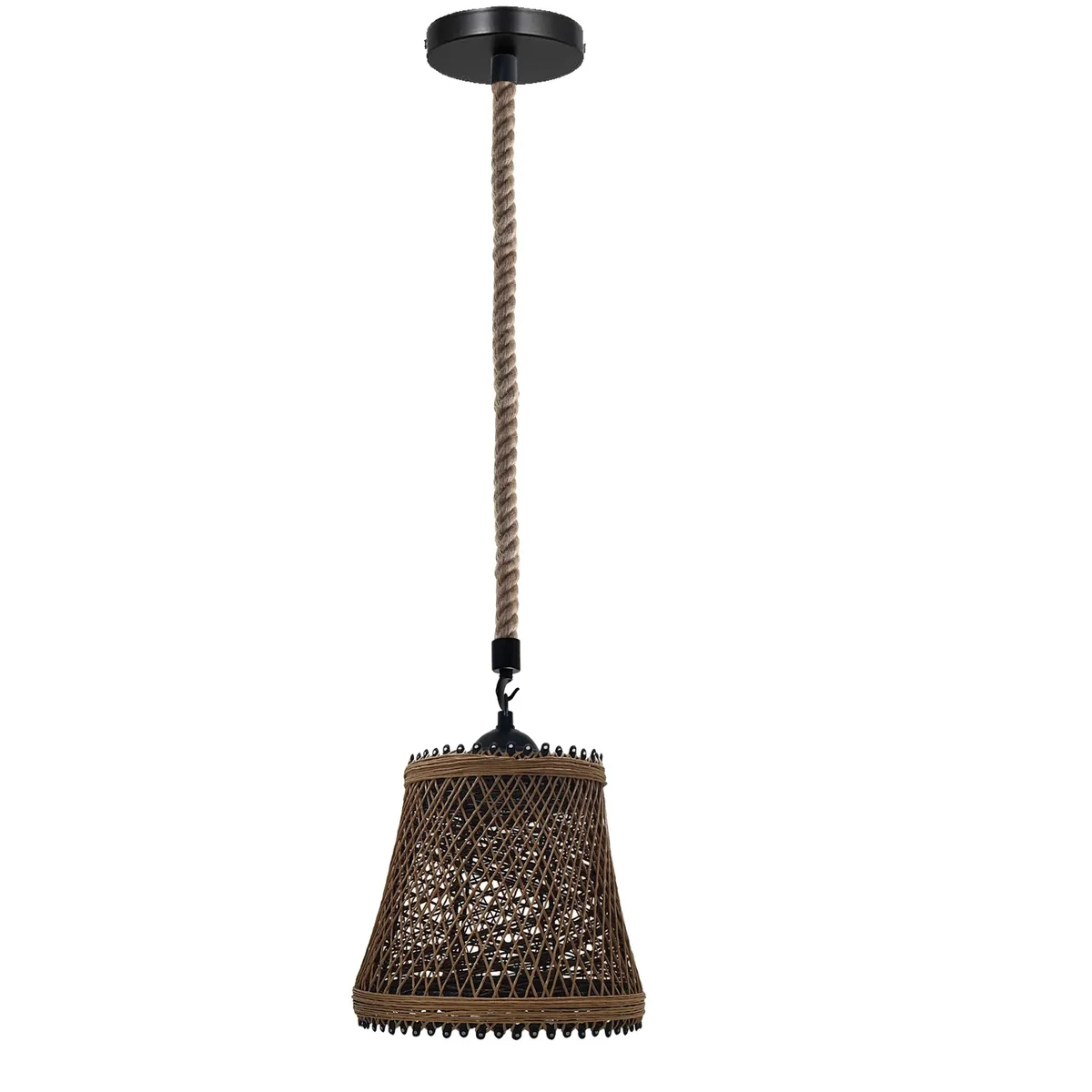 Indoor vintage light fixture with metal cage shade and hemp rope pendant hanging from ceiling in loft style design
