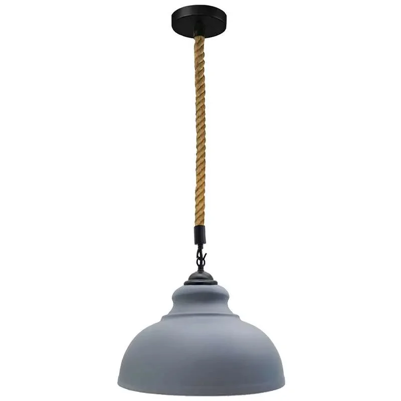Curvy metal industrial pendant light with braided natural hemp rope and vintage-inspired design hanging from ceiling