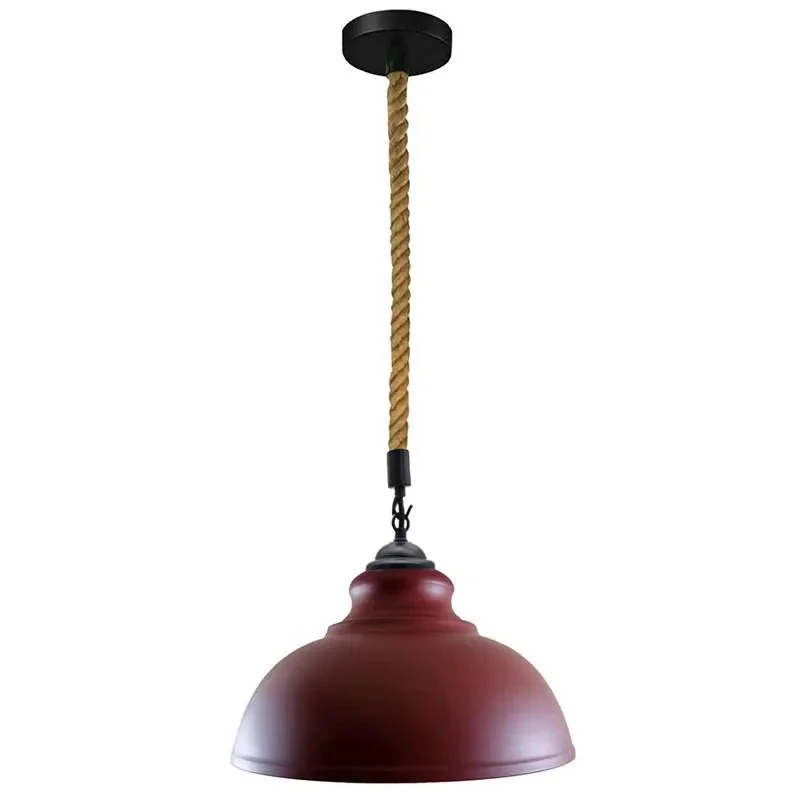 Curvy metal ceiling pendant with braided hemp rope suspension and dimmable E27 pendant fitting in vintage industrial style