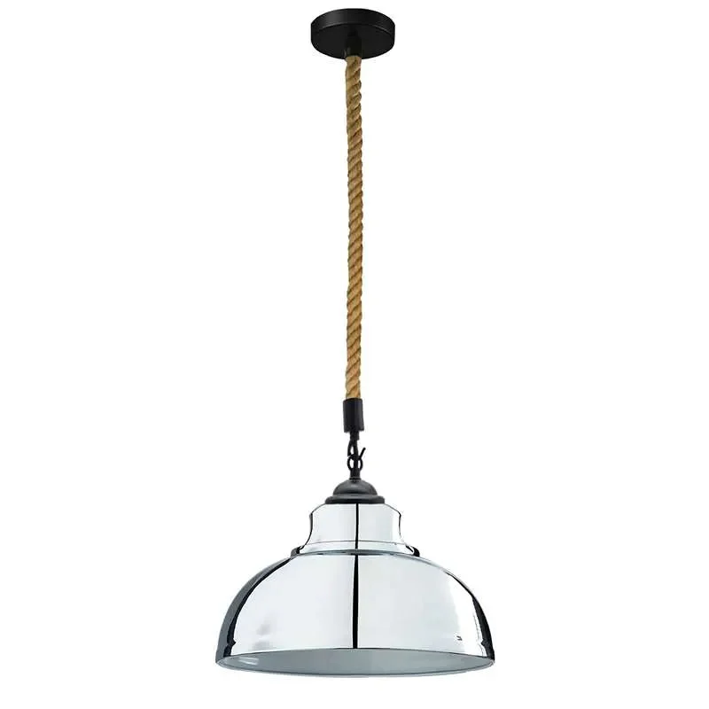 Curvy metal pendant light with braided hemp rope suspension and industrial vintage design hanging against white background