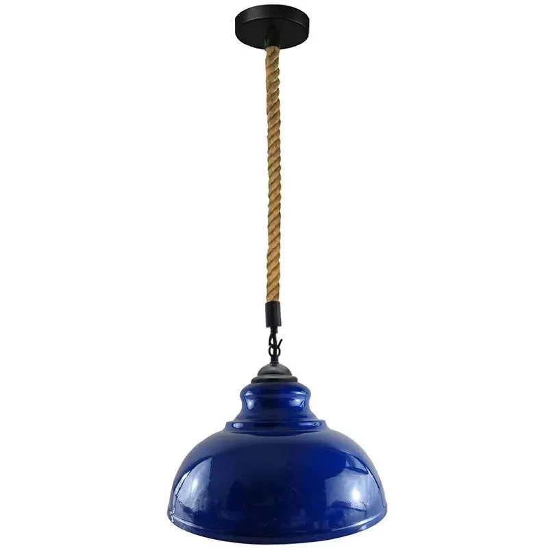 Curvy metal industrial pendant light with braided hemp rope suspension and adjustable hanging height against white background