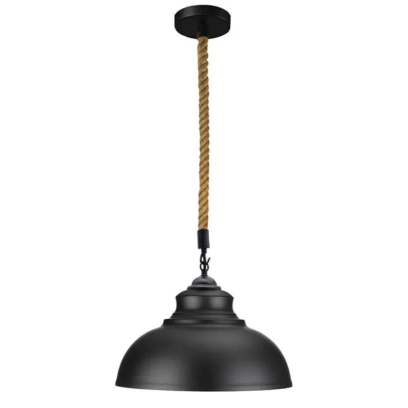 Curvy metal industrial pendant light with natural braided hemp rope and adjustable hanging height on white background