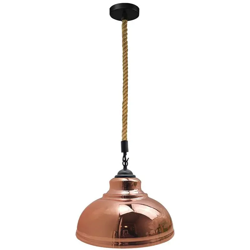 Curvy metal industrial pendant light with braided hemp rope suspension and adjustable 200cm cable hanging from ceiling