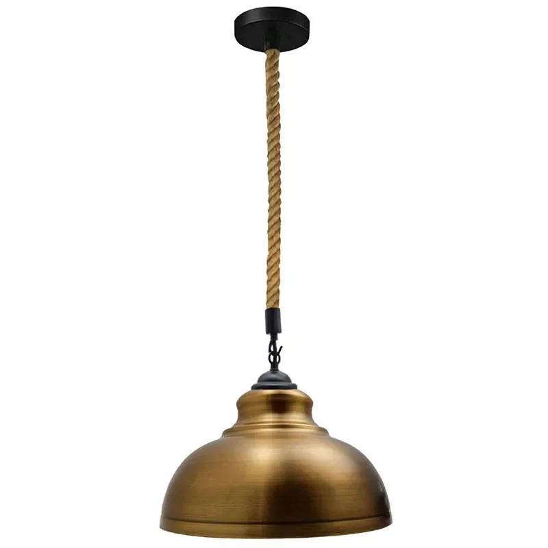Curvy metal industrial pendant light with braided hemp rope suspension hanging against white background