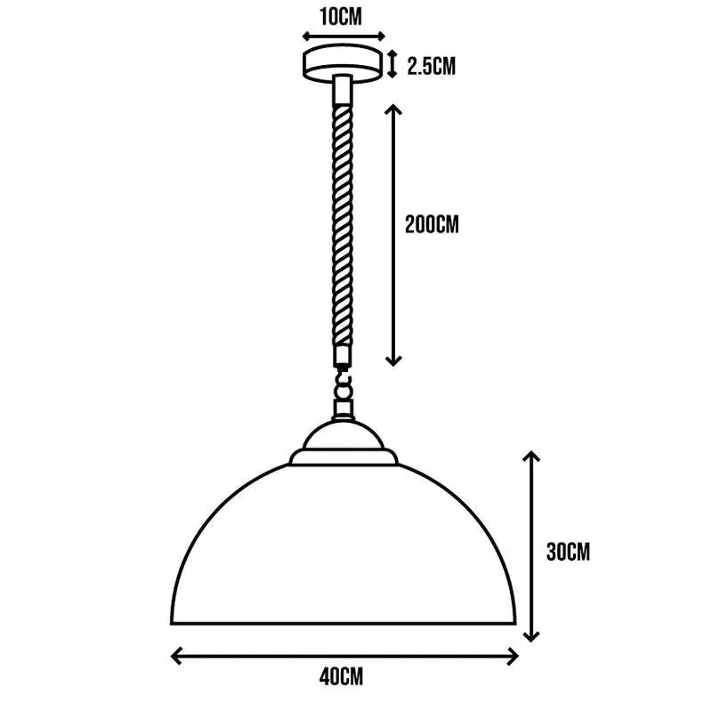 Industrial metal dome hemp rope pendant light with 200cm natural hemp cord hanging against white background