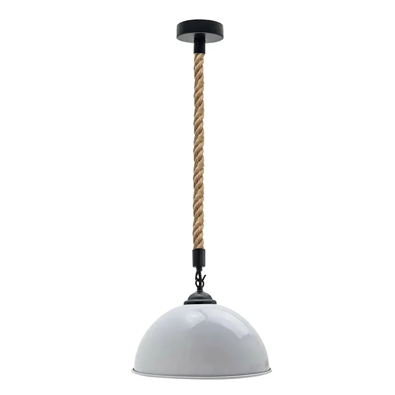 Modern industrial ceiling light with metal dome and hand-woven hemp rope, hanging with adjustable 200cm cord